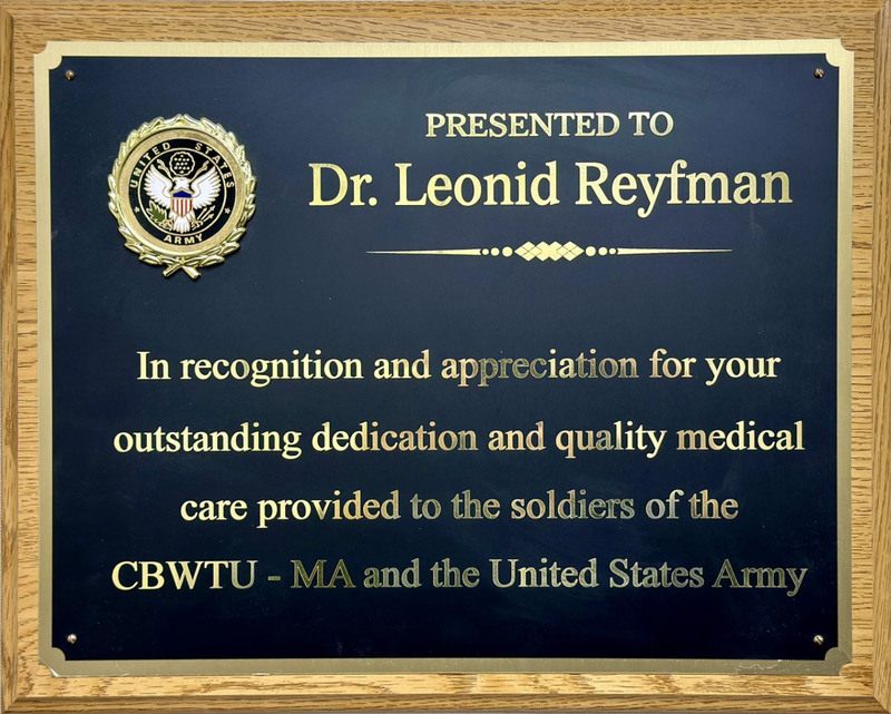 Dr. Leonid Reyfman United States Army Medical Recognition Plaque