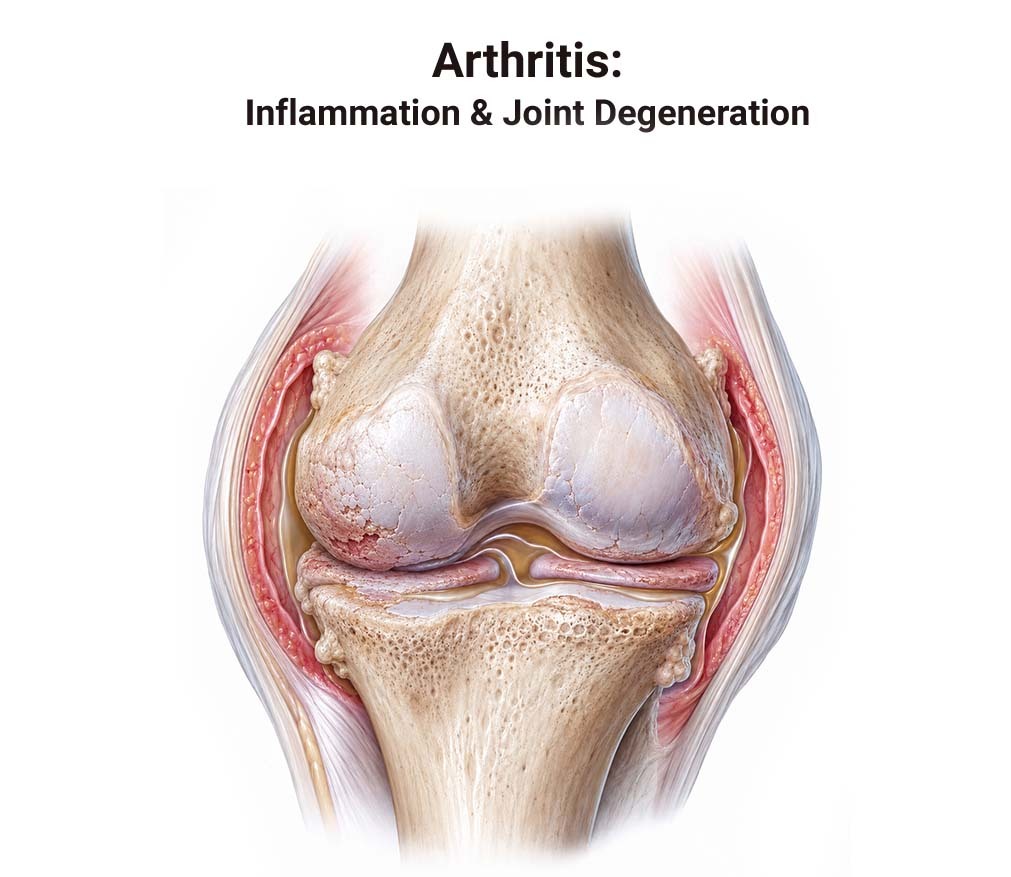 Medical illustration of arthritis inflammation and joint degeneration